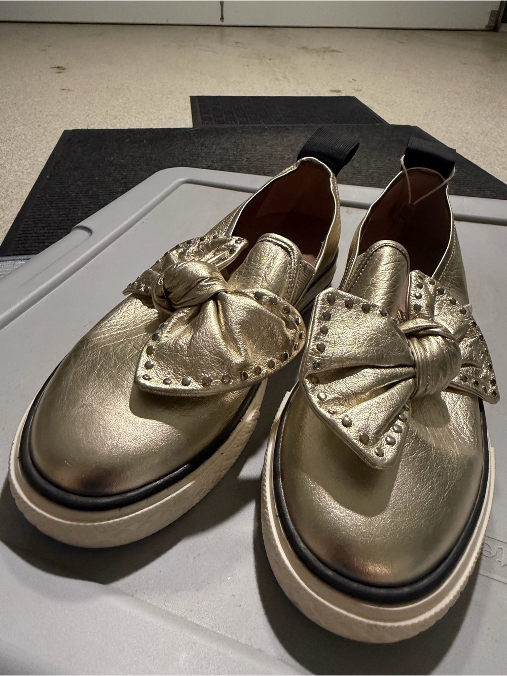 RED Valentino Metallic Gold Bow Platform Loafers